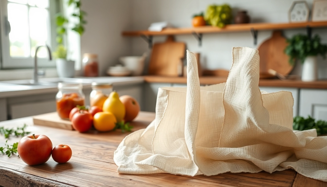 Kaasdoek showcased elegantly with fresh produce, highlighting its use in the kitchen.