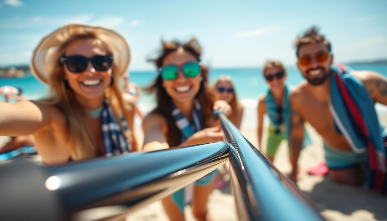 Friends enjoying the beach while taking a photo with a Selfie Stick.