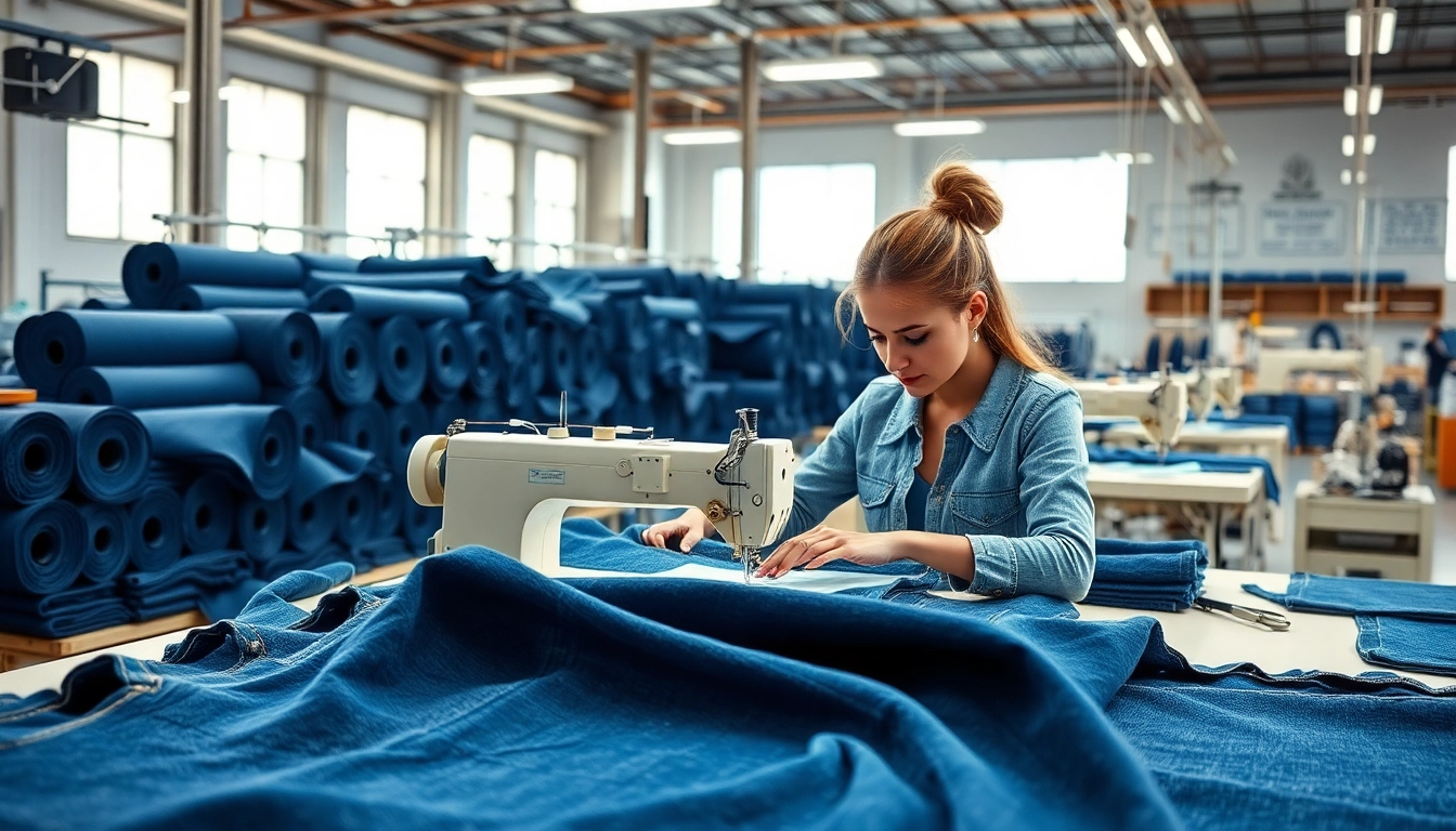 Showcasing skilled jeans factory manufacturers in a modern workspace, highlighting craftsmanship and denim quality.
