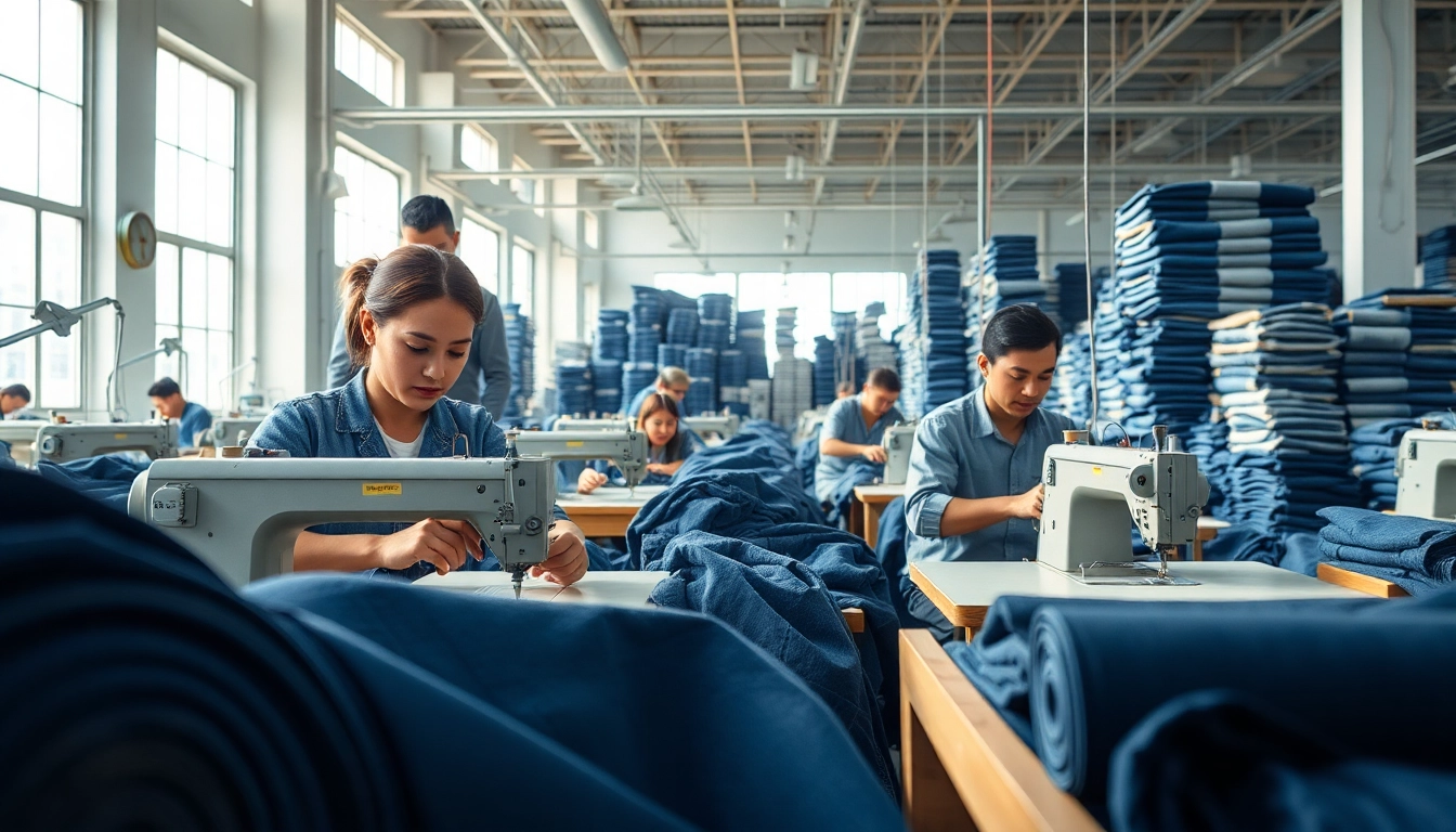Showcasing jeans factory manufacturers crafting premium denim jeans in a vibrant factory setting.