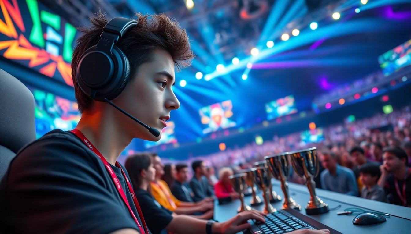 Matador168, gamer competing passionately on stage with vibrant atmosphere.