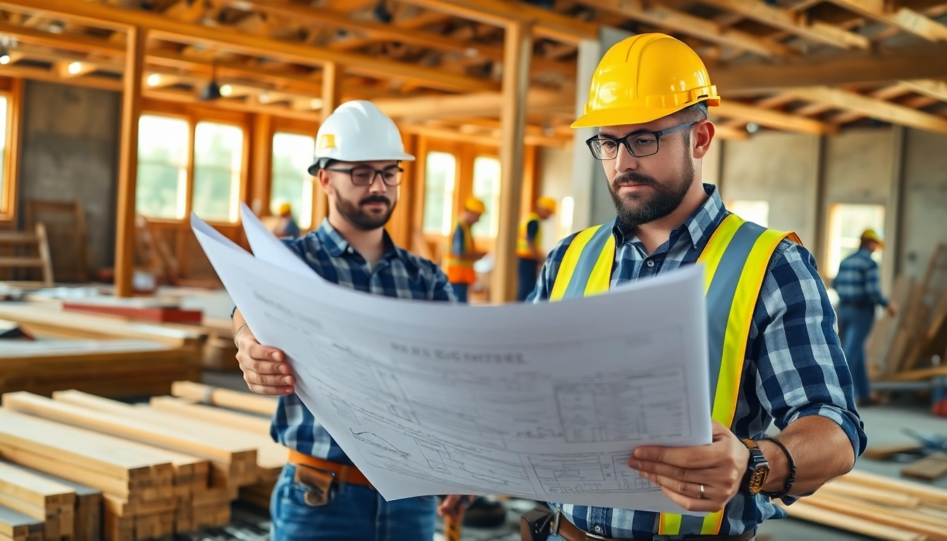 New Jersey General Contractor examining blueprints on a construction site with workers in background.
