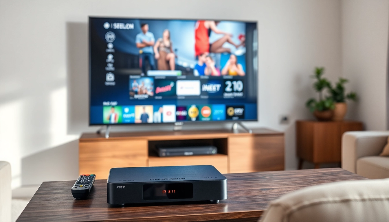 Comprar IPTV desde un moderno centro de entretenimiento con dispositivos de transmisión elegantes.