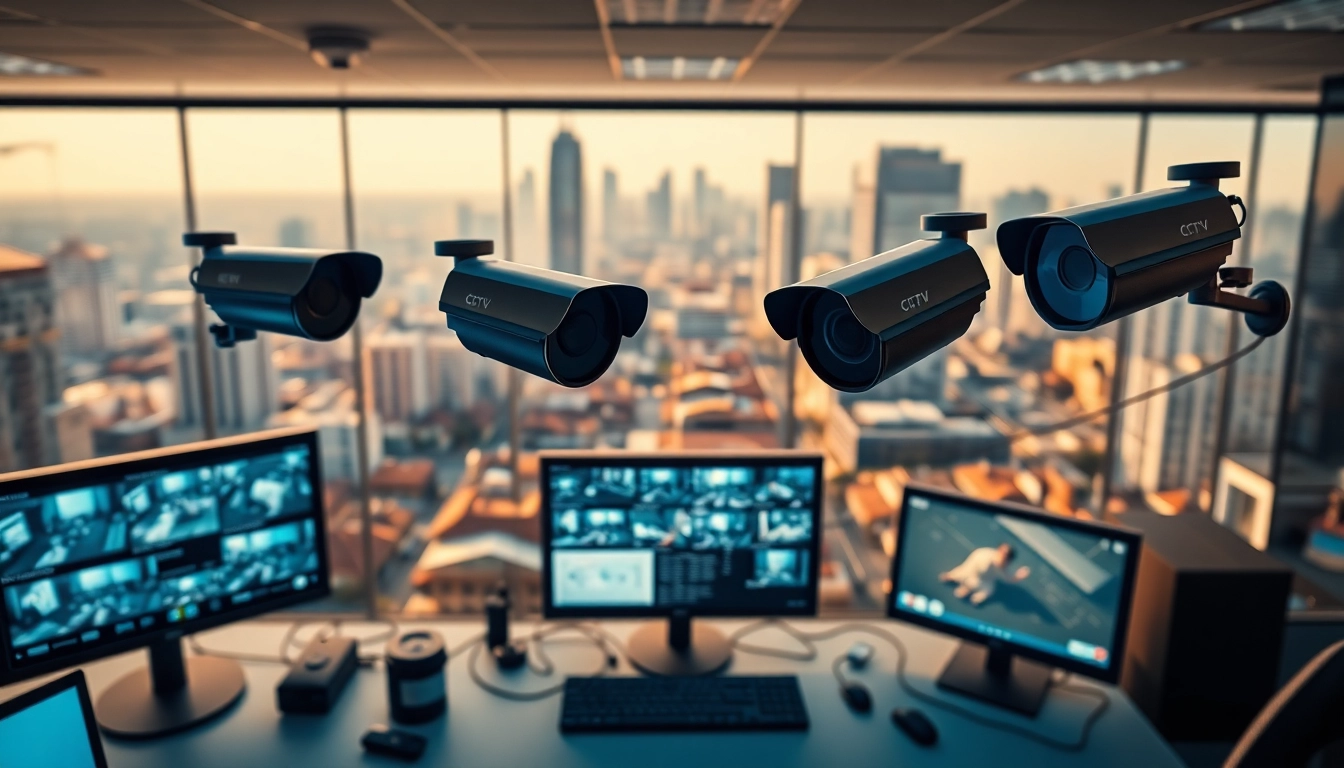 CCTV & Remote Monitoring system showcasing multiple screens in a secure control room.