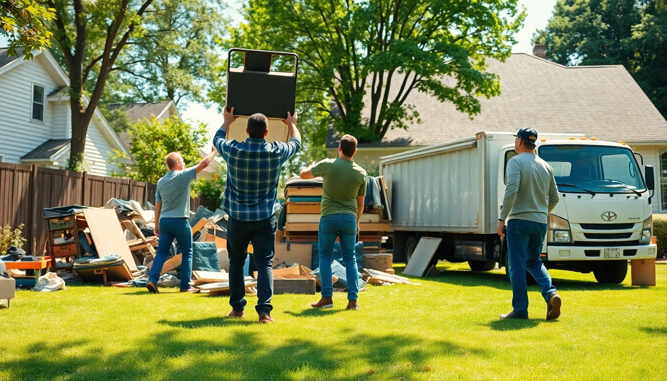 Efficient junk removal near me showcasing a professional team cleaning a cluttered backyard.