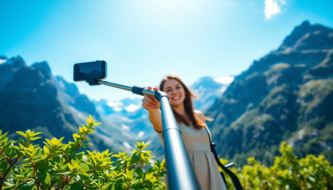 Capture a breathtaking moment with a Selfie Stick in an adventurous outdoor setting.