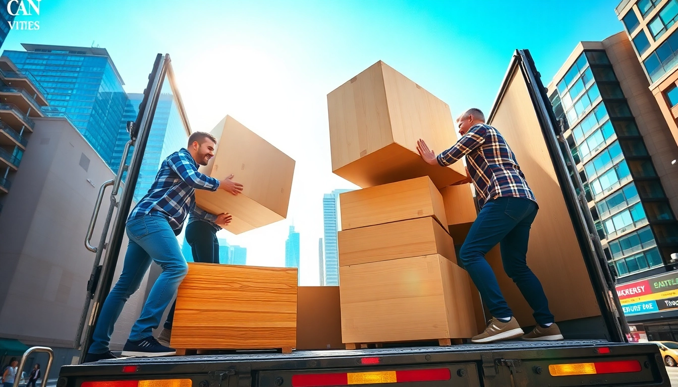 Moving company Toronto team efficiently loading a truck with furniture in a vibrant urban setting.