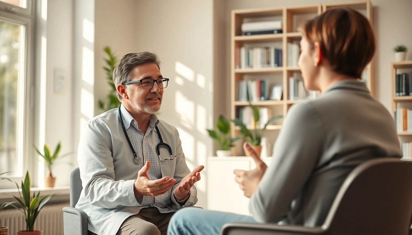 Engaged psychiatrist discussing therapy with a patient in a welcoming office.