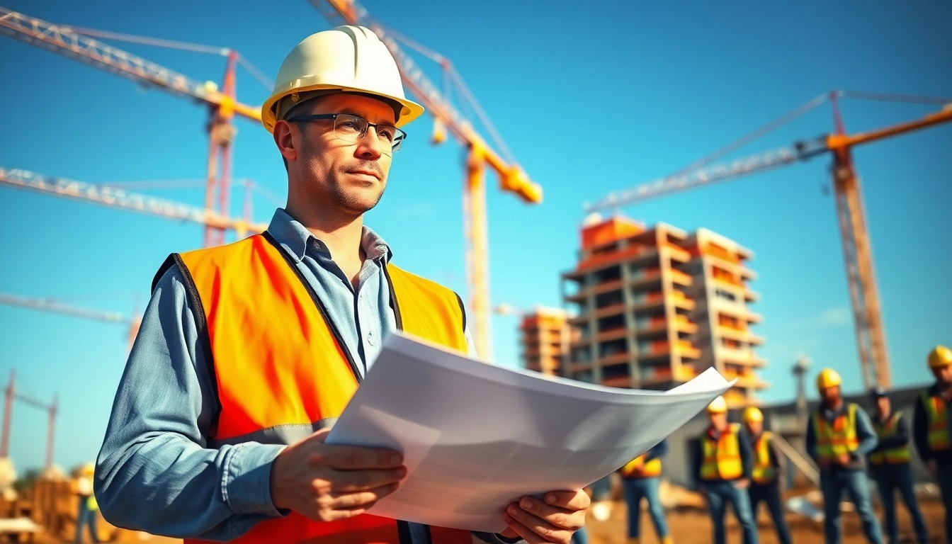 New Jersey General Contractor leading a construction team with blueprints on site.
