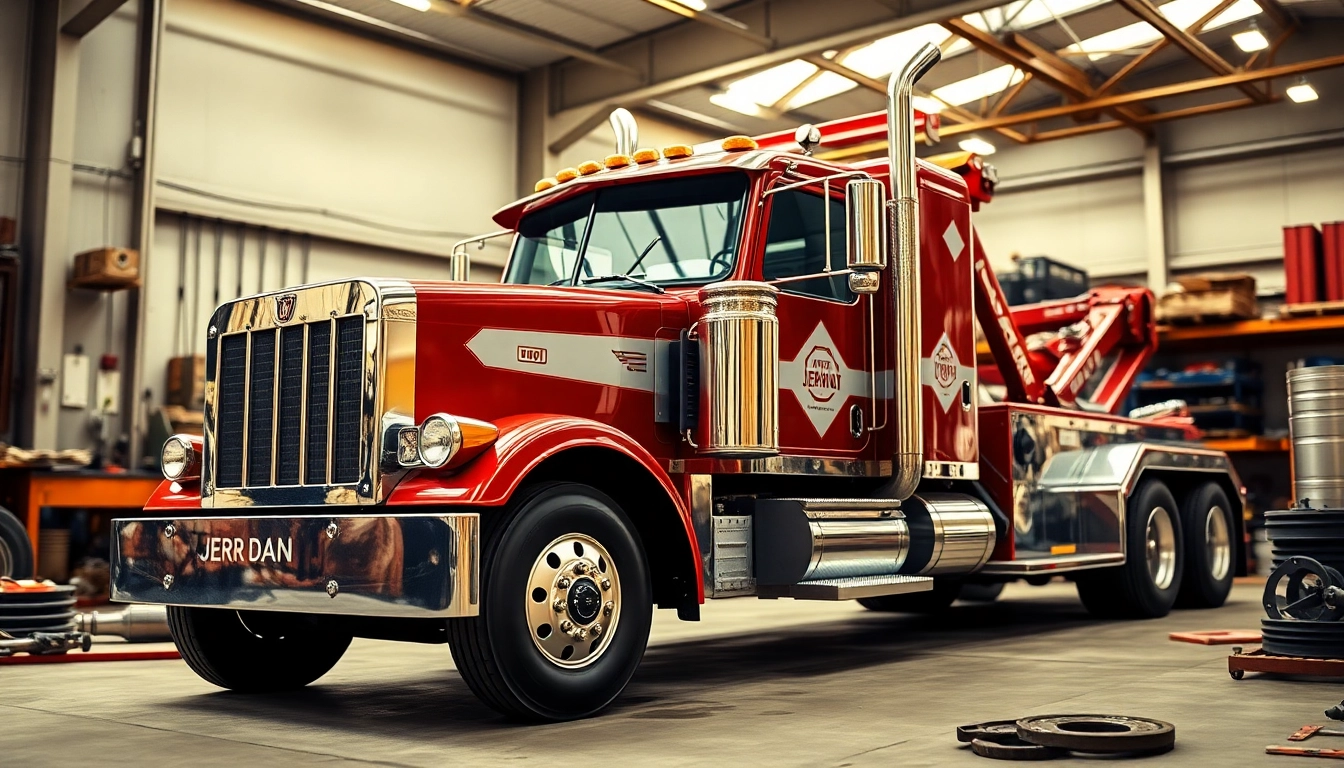 Showcase a Jerr Dan tow truck in a busy workshop environment, highlighting its robust features.