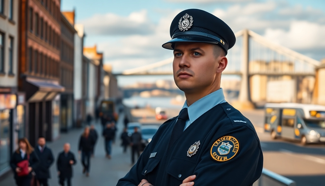 Ensure your safety with professional security services Newcastle upon Tyne featuring a vigilant guard in an urban setting.