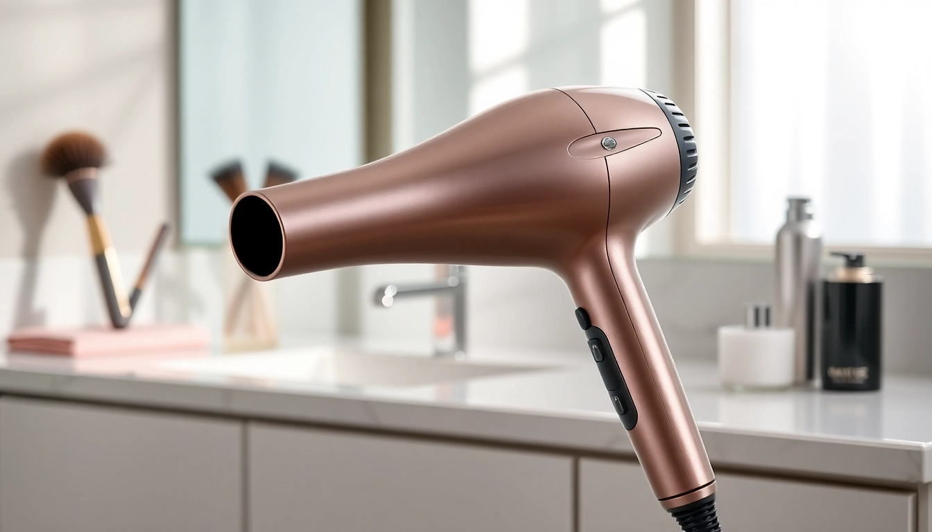 Showcasing the best blow dryer in a stylish bathroom setting, illuminated by natural light.