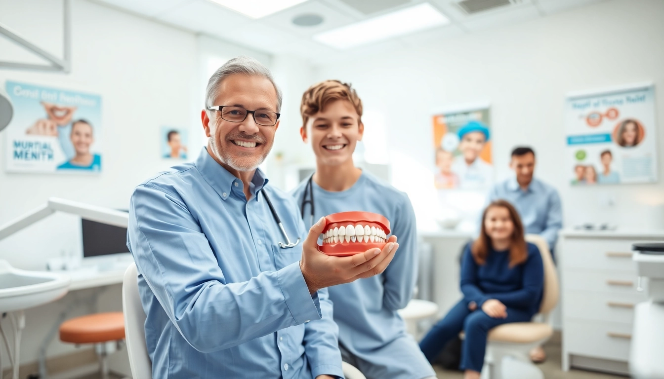 Engaging orthodontist Myrtle Beach demonstrating braces to a happy patient in a modern dental clinic.
