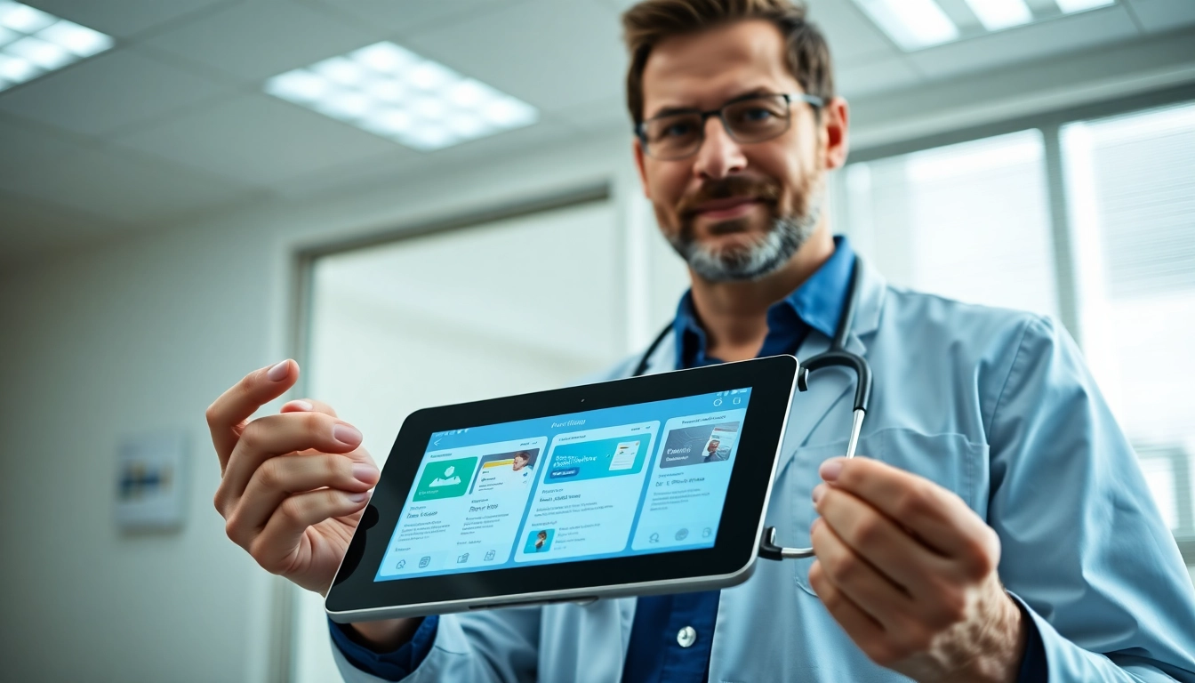 Analyze top rated prescription applications using a tablet in a modern clinic environment.