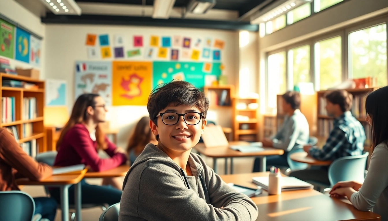 Engaging classroom scene where students master French language skills in a vibrant setting.