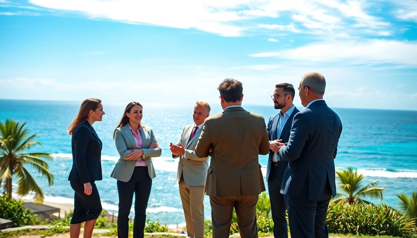 Engaged professionals strategizing international real estate investment against a scenic backdrop.