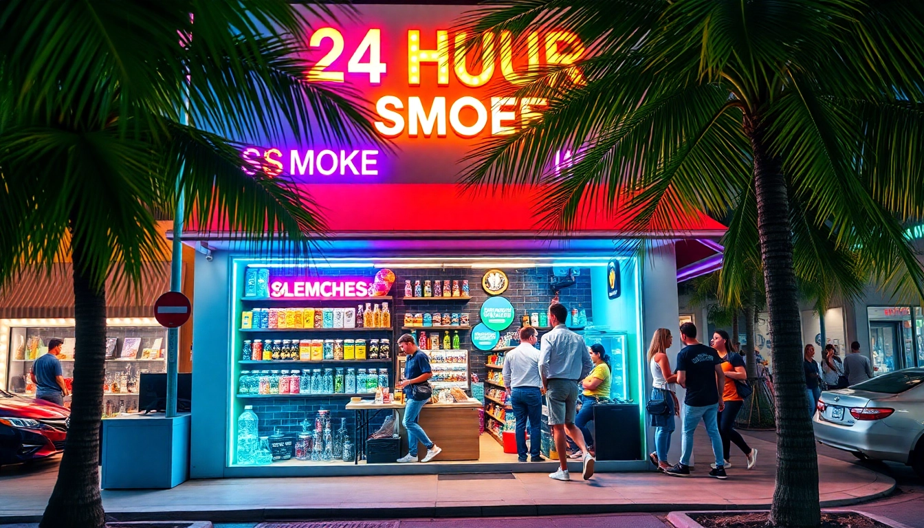 Shop display of a 24 Hour Smoke Shop near me Miami features colorful products and a vibrant atmosphere.