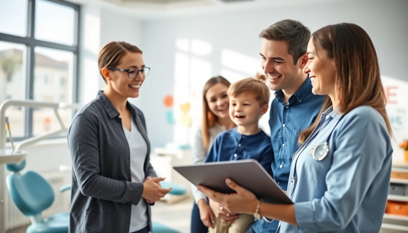 Understand braces cost Myrtle Beach with a friendly orthodontist guiding a family in a dental office.