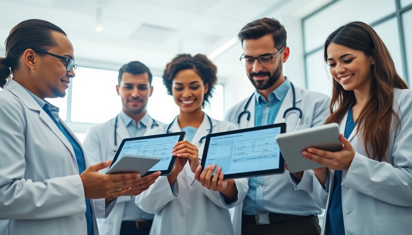 Engaging healthcare professionals using top rated prescription applications in a modern clinic.